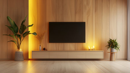Tv cabinet in modern living room with wood wall and wooden floor.3d renderingの素材