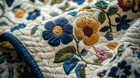 Detail of a traditional embroidery on a patchwork quiltの素材