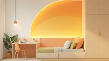 Bedroom interior with orange bed and yellow wall. 3d renderingの素材