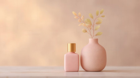 Pink bottle of cosmetic product on wood table and beige background.の素材