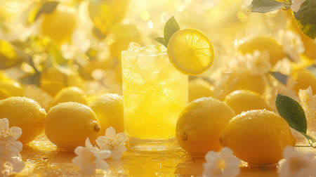 Lemonade with ice and fresh lemons on a yellow backgroundの素材