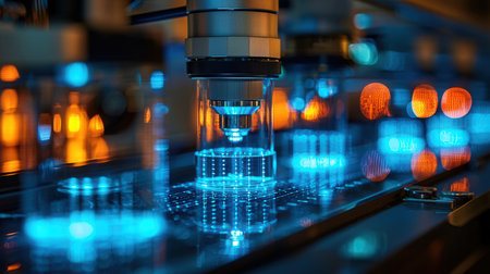 Close-up of a microscope with a blue light in the laboratoryの素材
