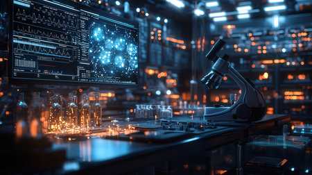 Microscope on a table in a scientific laboratory. 3d renderingの素材