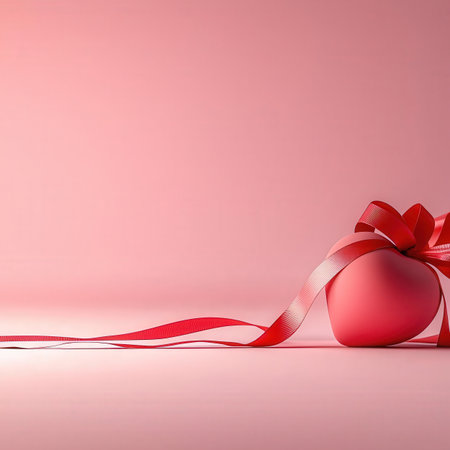 Red easter egg with red ribbon on a pink background with copy spaceの素材
