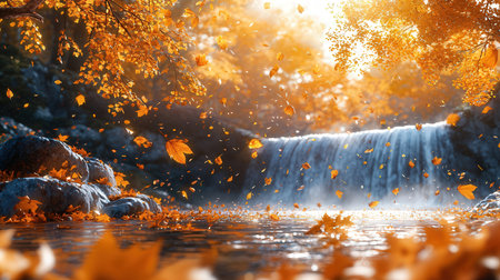 autumn landscape with a waterfall and falling leaves. Indian summer.の素材