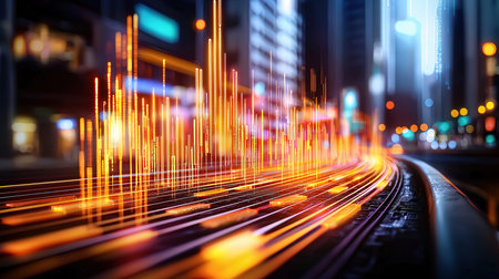 traffic light trails on the modern building background in shanghai china.の素材