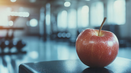 Red apple on the table in the gym. Fitness and healthy lifestyle concept.の素材
