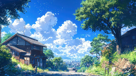 Old wooden house on the hill with blue sky and white clouds.の素材