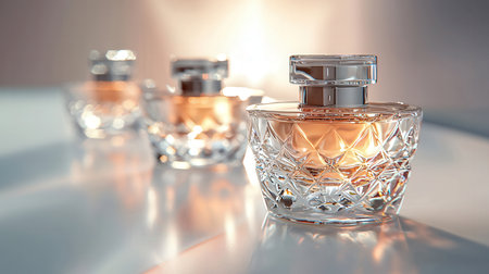 Perfume bottles on a white table. 3d rendering.の素材