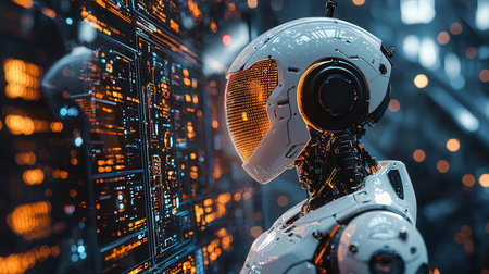 3d rendering humanoid robot working in data center with binary code.の素材