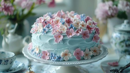 Cake with blue cream and pink hydrangea flowers.の素材