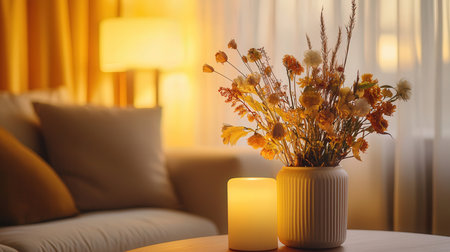 Vase with beautiful dry flowers on table in room. Interior designの素材