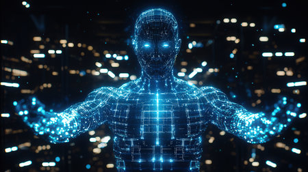 3D rendering cyborg man with glowing wireframe on dark backgroundの素材