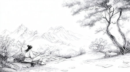 Illustration of a girl sitting on a stone road in the forestの素材
