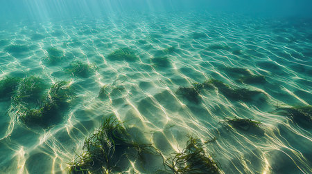 Underwater view of the seabed with seaweed under sunlightの素材