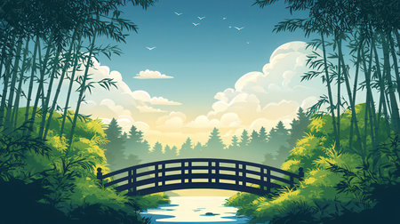 Beautiful landscape with bamboo forest, bridge and lake. Vector illustration.の素材