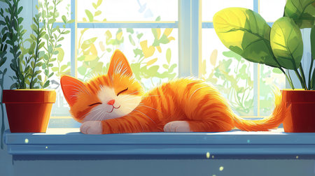 Cute orange cat sleeping on the windowsill. Vector illustration.の素材