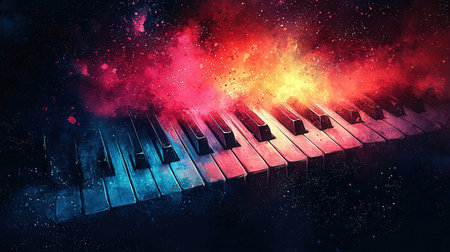 Piano keyboard with fire and smoke on dark background. Music conceptの素材