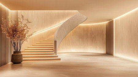 3d rendering of modern interior design with stairs and vase.の素材