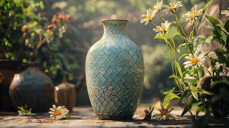 Vase and vase with daisies in the garden.の素材