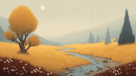Autumn landscape with a river, trees and flowers. Digital painting.の素材