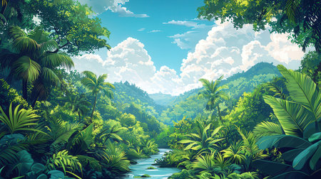 Tropical forest with river and blue sky. 3d renderingの素材