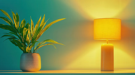 Table lamp and plant on a blue background. 3d rendering.の素材