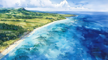 Beautiful seascape with tropical beach. Digital painting illustration.の素材