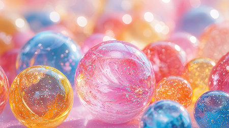 Colorful glass marbles on bokeh background, close upの素材