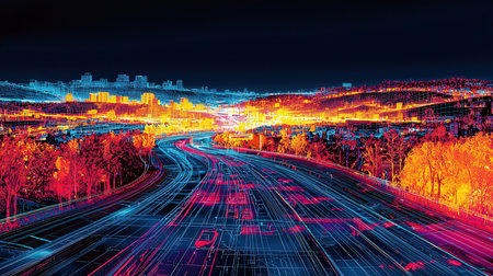 Highway traffic in the city at night. 3d rendering.の素材