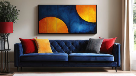 interior of modern bright room with blue sofa, 3d renderの素材