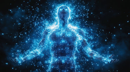 Digital wireframe of a human body with glowing particles. 3d renderingの素材