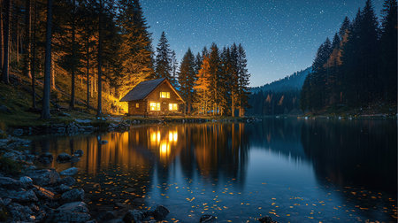 Mountain hut on the shore of lake. Night starry sky.の素材