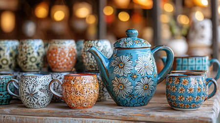 Colorful ceramic teapots and cups on a shelf in a cafeの素材