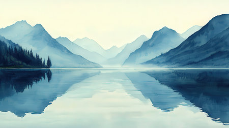 Mountains reflected in the calm water of a mountain lake. Landscape painting.の素材