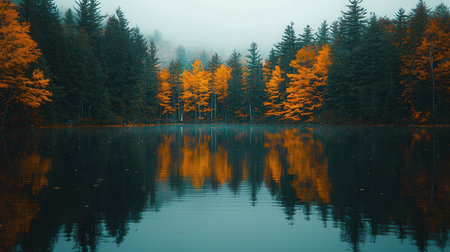 Autumn forest and lake in the fog. Beautiful autumn landscape.の素材