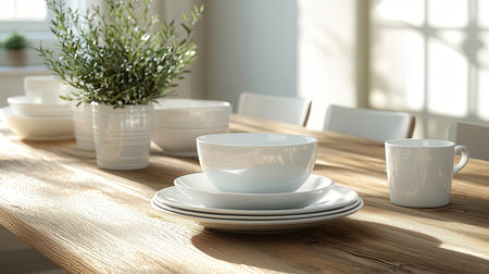 Clean porcelain dishes on wooden table in dining room, closeupの素材