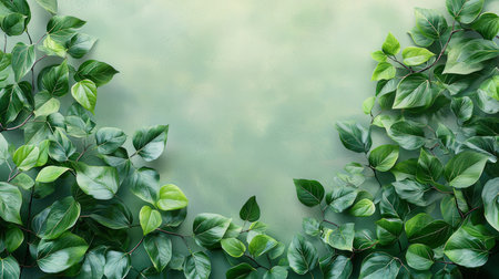 Green leaves on green background with copy space. Flat lay, top viewの素材