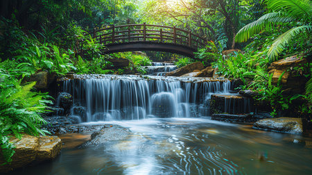 Waterfall and bridge in the rain forest at Khao Yai National Park, Thailandの素材