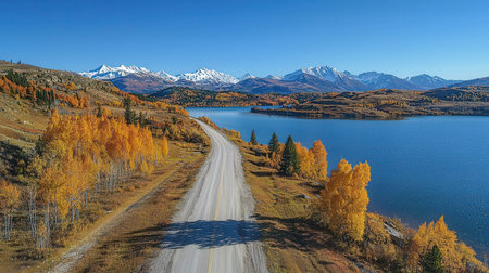 Colorful autumn alpine scenery with lake and snowcapped mountainsの素材