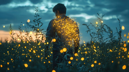 Young man standing in the corn field and looking at the sunset.の素材