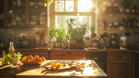 Kitchen interior with wooden countertop, window and fresh lemonsの素材