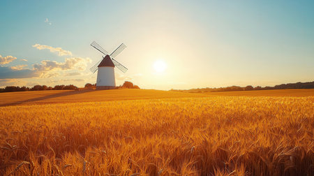 Sunset over a wheat field with a windmill in the backgroundの素材