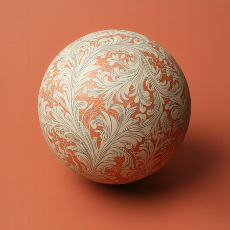 3d render of a marble ball with floral pattern on orange backgroundの素材