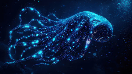 Abstract blue glowing polygonal octopus on dark background. 3D Renderingの素材