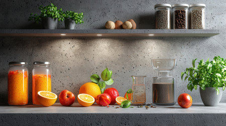 Fresh fruits and vegetables on shelf in kitchen. Healthy eating concept. 3D Renderingの素材