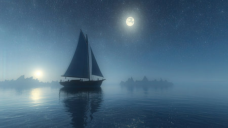 sailing boat in the sea at full moon night 3d renderの素材