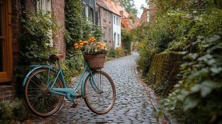 Bicycle with basket of flowers on the cobblestone street.の素材