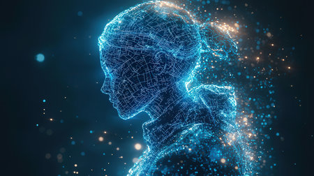 Digital cyborg head hologram. Artificial intelligence concept. 3D Renderingの素材