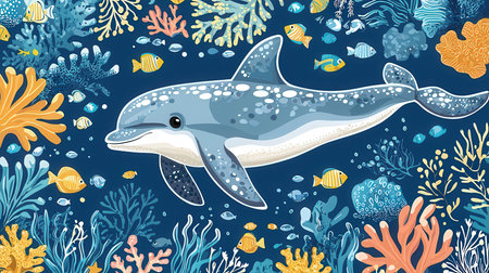 Seamless pattern with cute whales and corals. Vector illustration.の素材